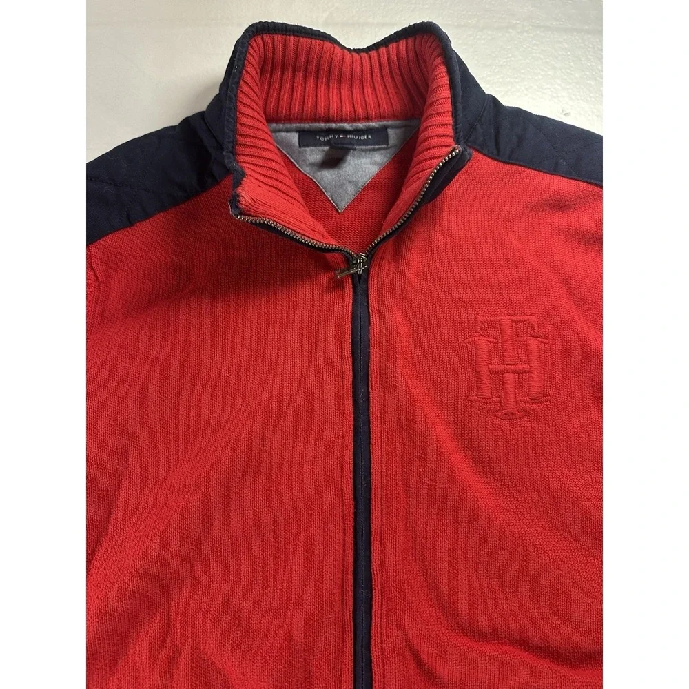 VTG Tommy Hilfiger 1/4 Zip Mens Largeee Sweater Pullover Red Embroidered Fleece